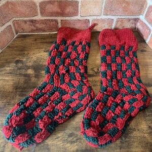 (2) 18" Vintage Knit Acrylic Red And Green Christmas Stockings